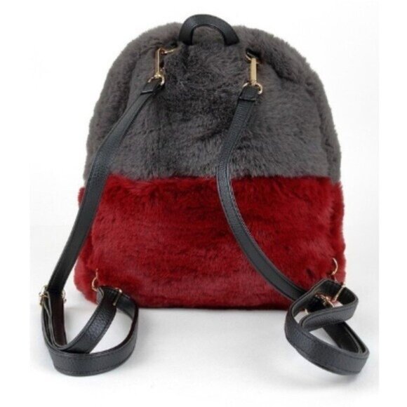 Faux Fur Backpack Gray Burgundy Travel School Vacation Academia Fuzzy - Picture 1 of 13